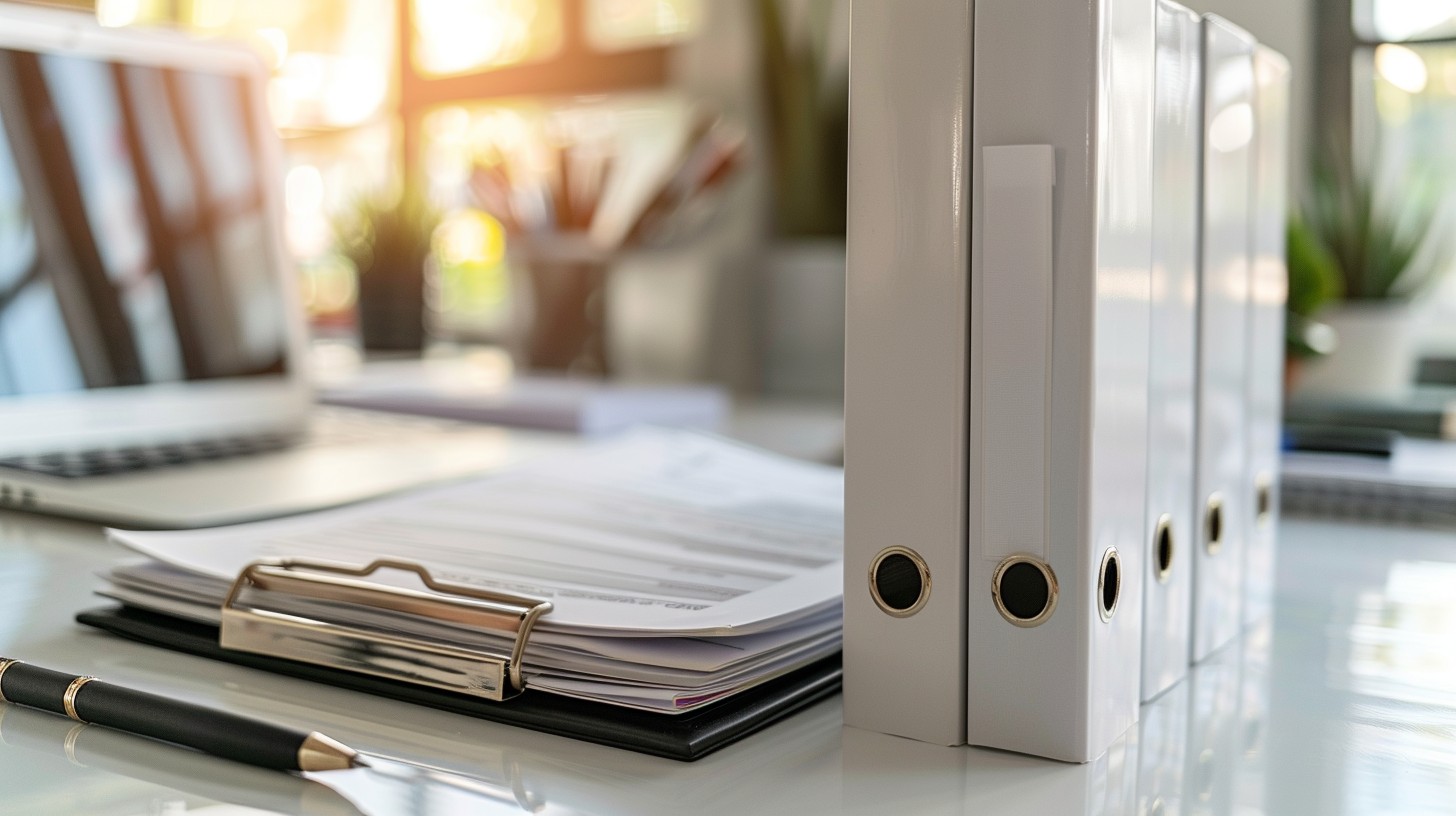 image of open laptop with some papers clipped on a paper board, pen and some white colourd files on a white desk